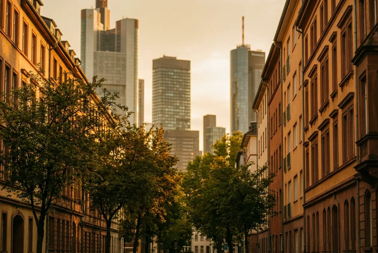 Eine Frankfurter Wohnstraße im goldenen Abendlicht, dahinter unscharf die Hochhäuser der Innenstadt.