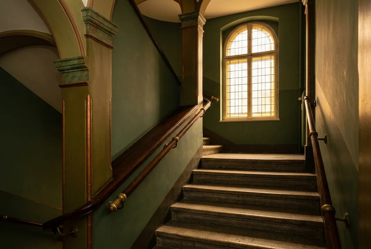Treppenhaus eines Altbaus mit dunkelgrün gestrichenen Wänden, hölzernem Handlauf und Messingbeschlägen, Licht fällt durch ein Rundbogenfenster.